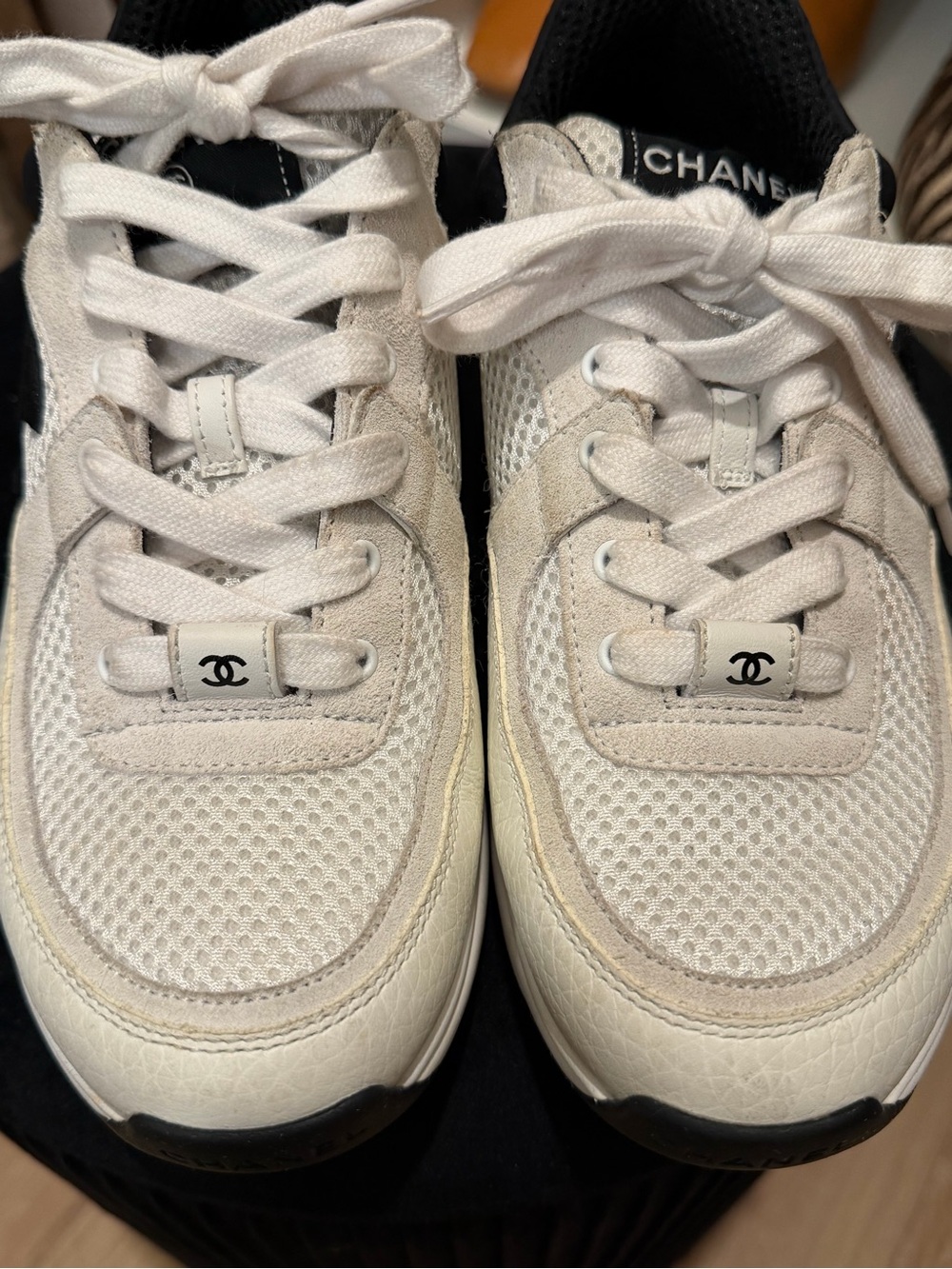 CHANEL Cream & Black Leather Chanel CC Logo Sneakers - Picture 14 of 14
